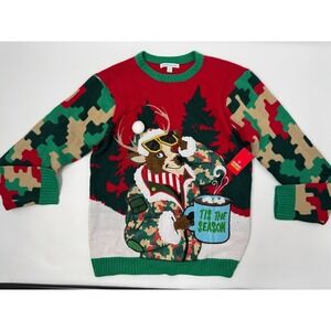 NWT Celebrate Together Men's Christmas Ugly Sweater M Camo Reindeer 3D Pom 'Tis